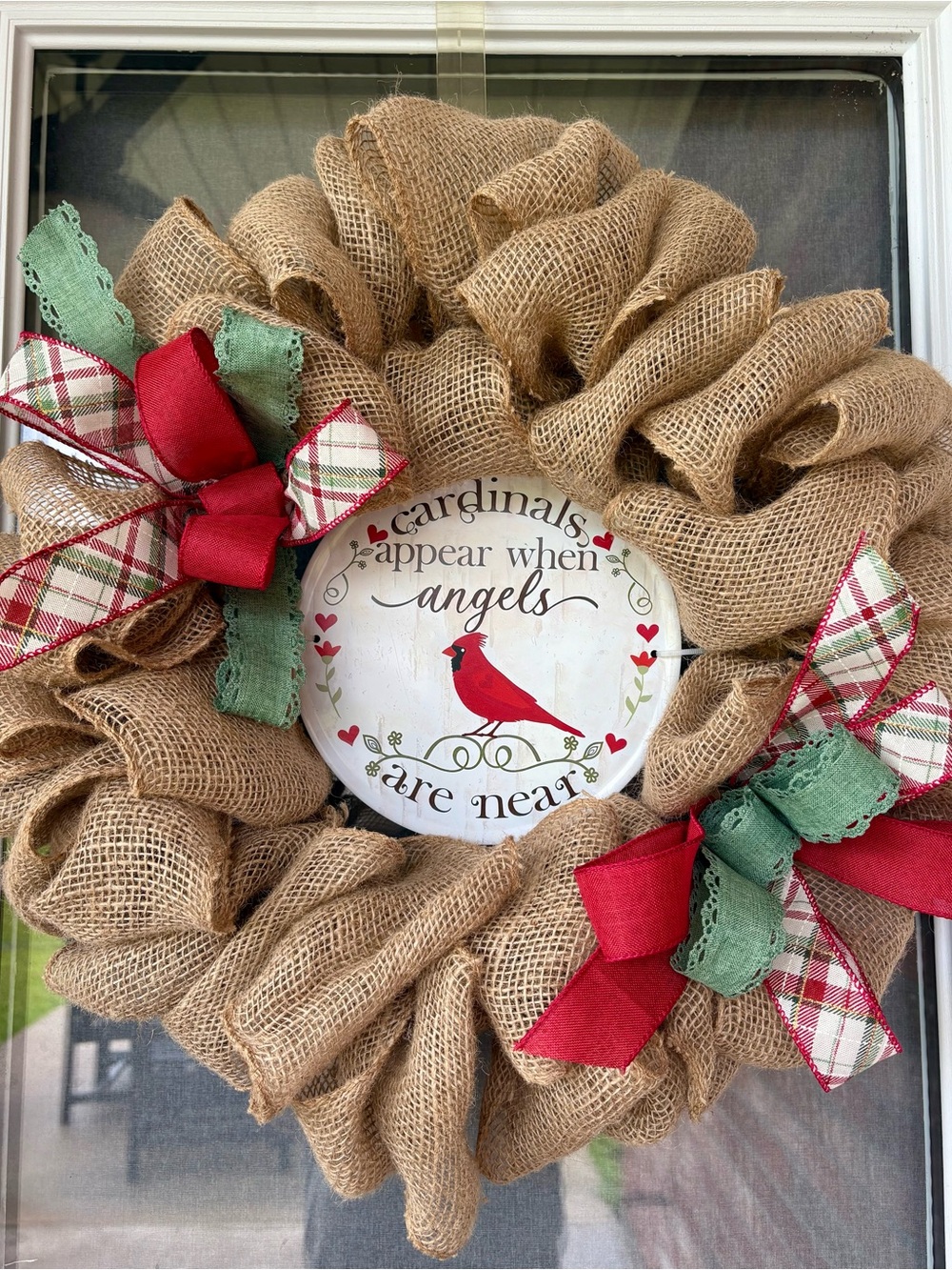 Rustic Burlap Cardinal Wreath with Red Accents